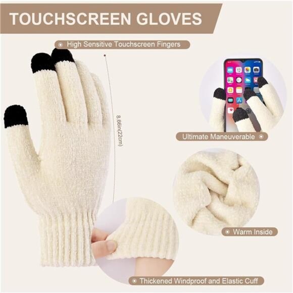 Womens Winter Beanie Hat Scarf Touchscreen Gloves Set Knit Warm Skull Caps Long‎ - Picture 3 of 5